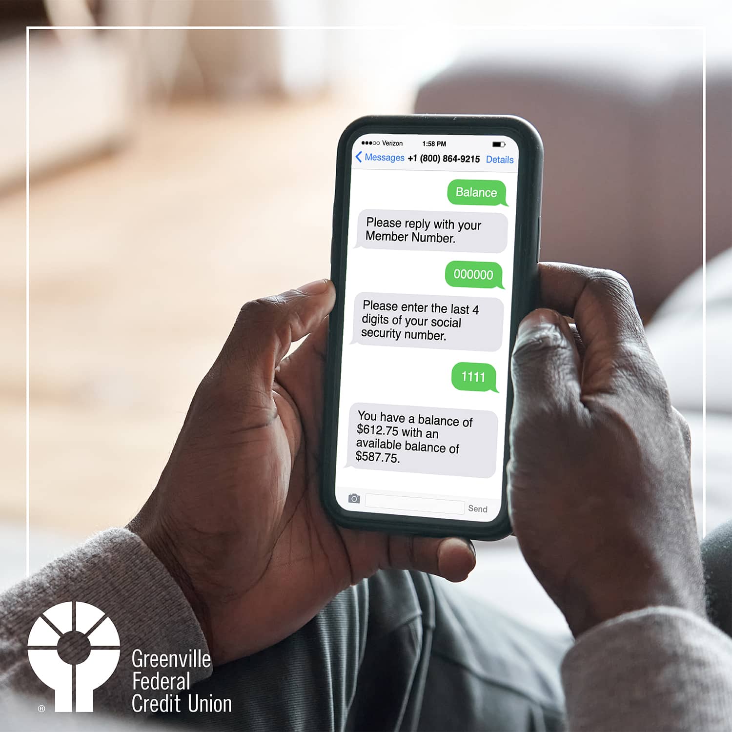 Smartphone displaying a text banking conversation showing balance information from Greenville Federal Credit Union, emphasizing quick access to account details.