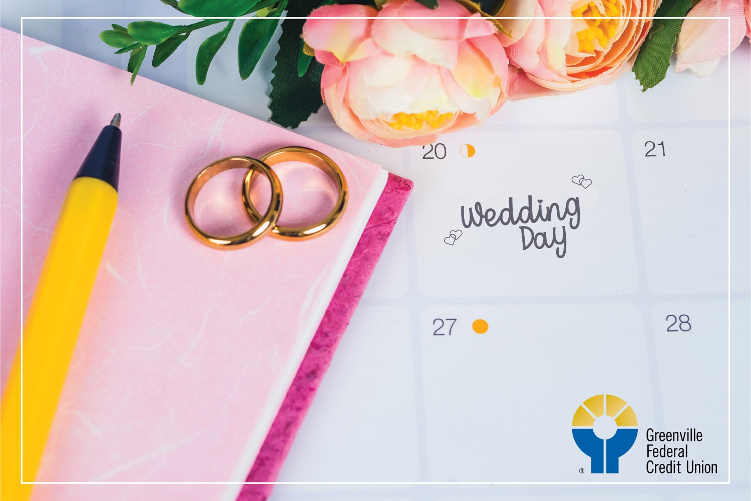 Calendar marked "Wedding Day" with pink flowers, rings, yellow pen on notebooks, symbolizing wedding financing planning.