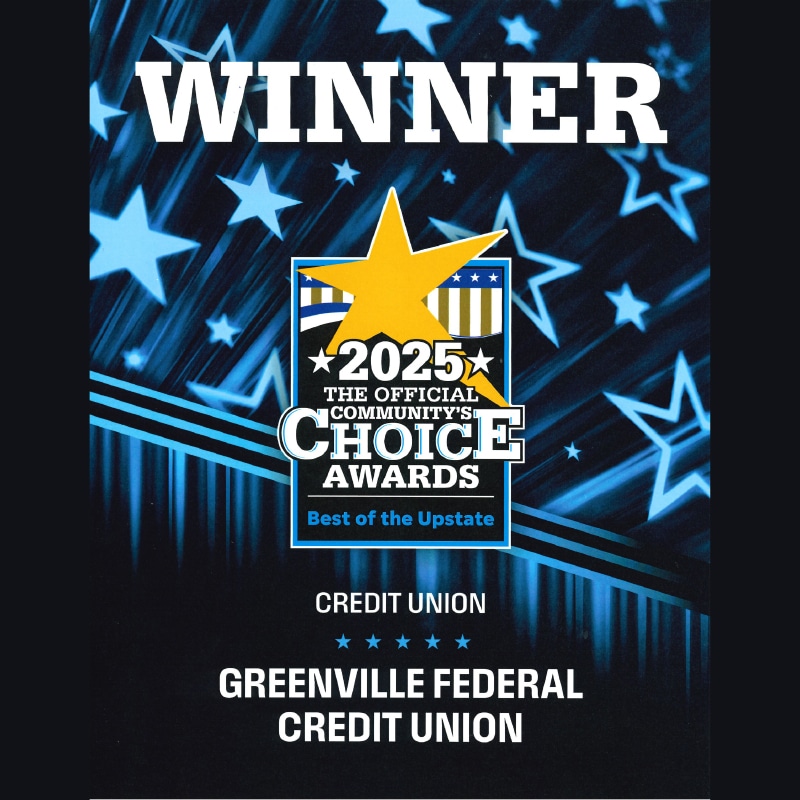 Winner graphic with blue stars, highlighting Greenville Federal Credit Union named 2025 Best of the Upstate.