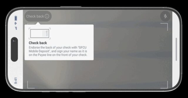 Mobile app screen showing check deposit instructions for qualifying members via our deposit app.