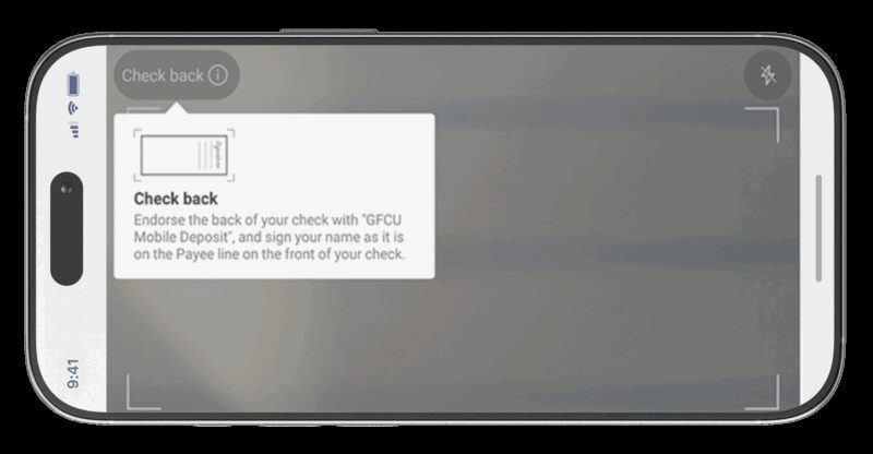 Mobile app screen showing check deposit instructions for qualifying members via our deposit app.