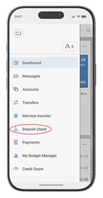 Mobile banking app menu with options including Dashboard, Messages, Accounts, and Deposit check highlighted.
