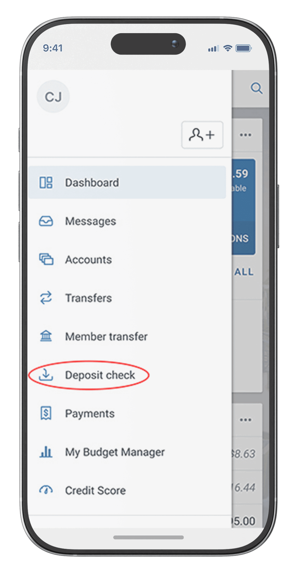 Mobile banking app menu with options including Dashboard, Messages, Accounts, and Deposit check highlighted.