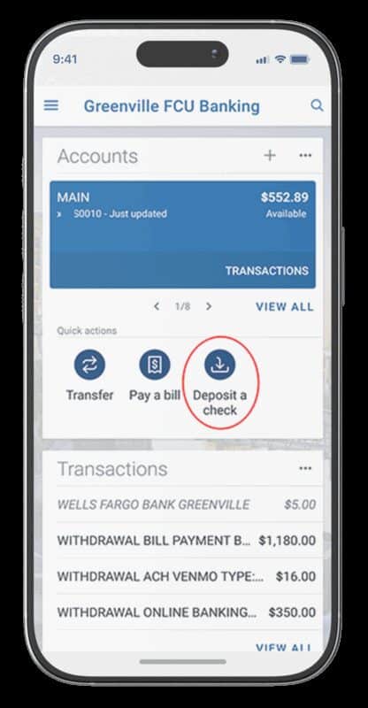 Greenville FCU app screen showing mobile deposit option for qualifying members to deposit checks via app.