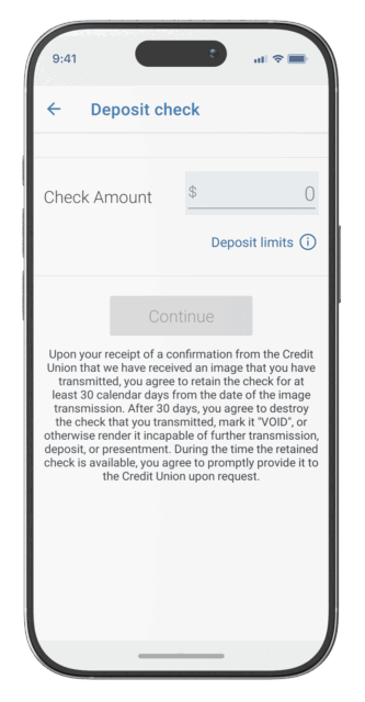 Mobile app screen showing "Deposit check" with a $0 check amount entry and terms for check retention.