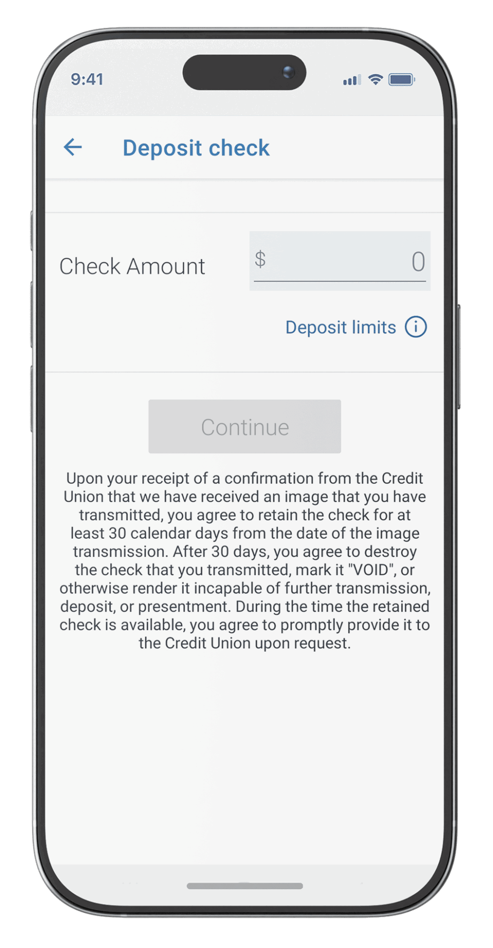 Mobile app screen showing "Deposit check" with a $0 check amount entry and terms for check retention.