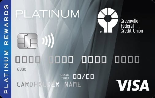 Greenville Federal Credit Union Platinum Visa card with chip and contactless payment, offering varying rates and rewards.