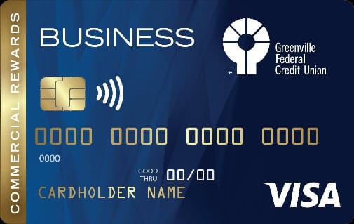 Business Visa credit card with gold and blue design, Greenville Federal Credit Union logo, for comparing rates and bonuses.