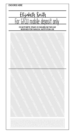 Endorsed check with "Elizabeth Smith, For GFCU mobile deposit only," illustrating mobile deposit process for qualifying members.