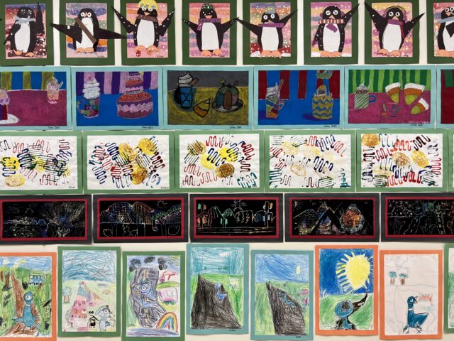 kids art on the wall in various styles and colors