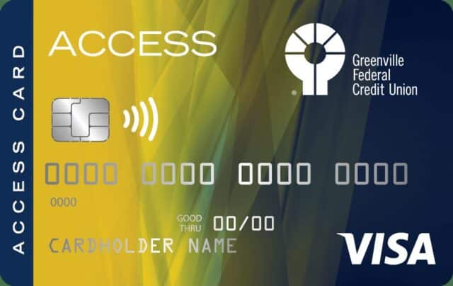 Greenville Federal Credit Union Access Visa card design, featuring chip and contactless symbols.