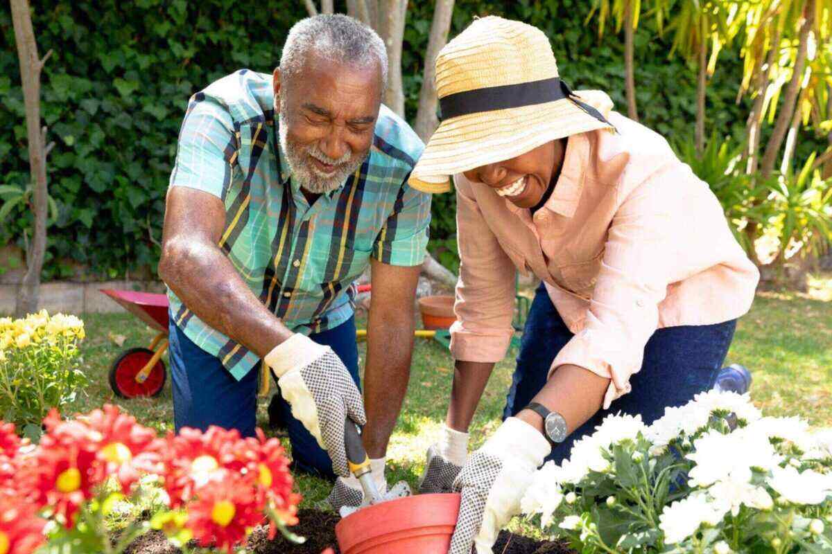 Senior African American couple planting flowers together, symbolizing the benefits of a Traditional IRA including tax advantages to help you plan retirement.