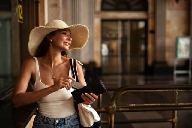 Young woman in a wide-brimmed hat, smiling while using a credit card. Enjoying a hassle-free travel experience.