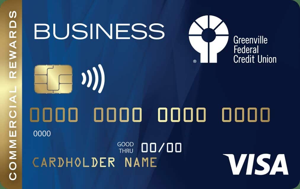 Blue Visa business card from Greenville Federal Credit Union, featuring gold chip, wave symbol, rewards, and fraud protection.