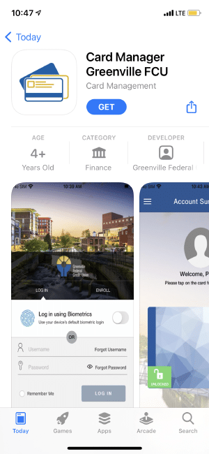 Card Manager app download page showing log in options, biometrics, and card management features.
