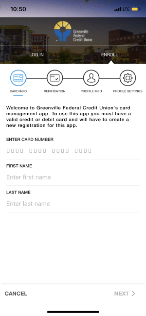 Greenville Federal Credit Union app interface for managing credit and debit cards; options include card info, verification, profile settings.