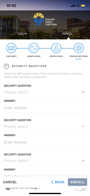 Select security questions and enter answers on Card Manager app to manage your credit and debit cards securely.