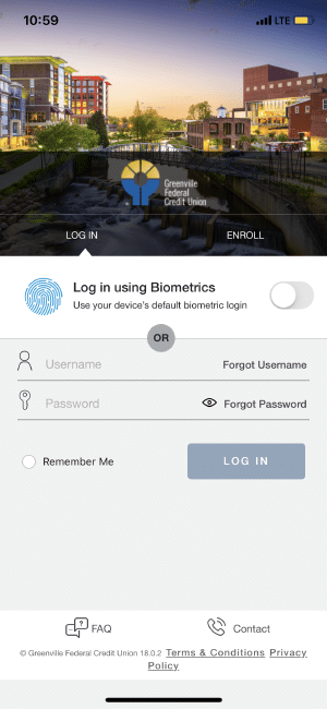 Log in screen for Greenville Federal Credit Union with biometric and password options to manage your cards.