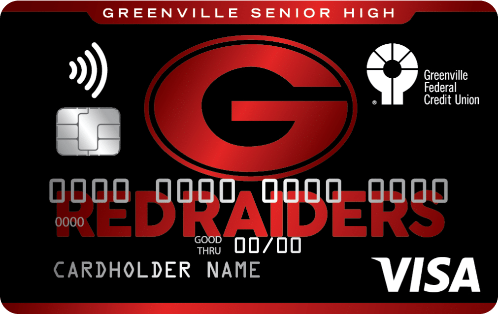 Greenville High contactless debit card with large "G" logo, Greenville Federal Credit Union and "RED RAIDERS.