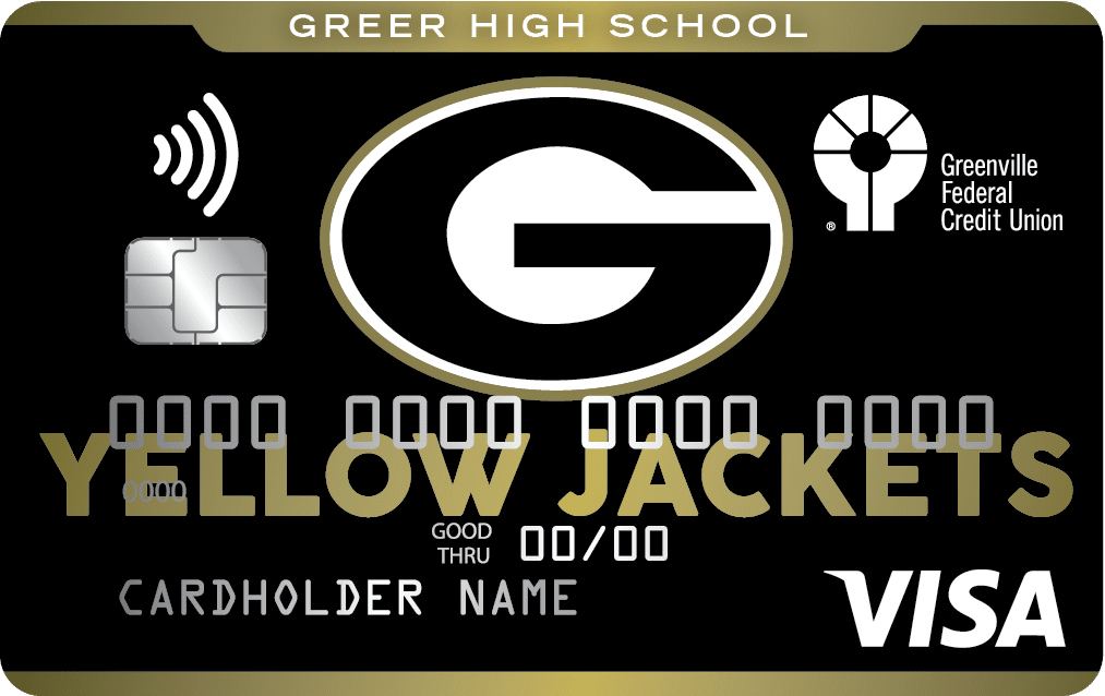 Greer High School contactless debit card featuring the Yellow Jackets logo, empowering students with banking experience.