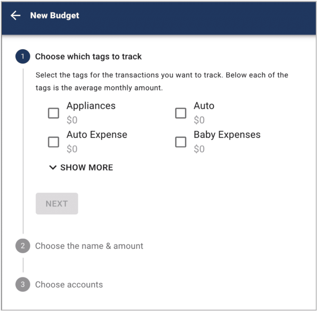 Choose transaction tags like Appliances, Auto for budget tracking in My Budget Manager tool.