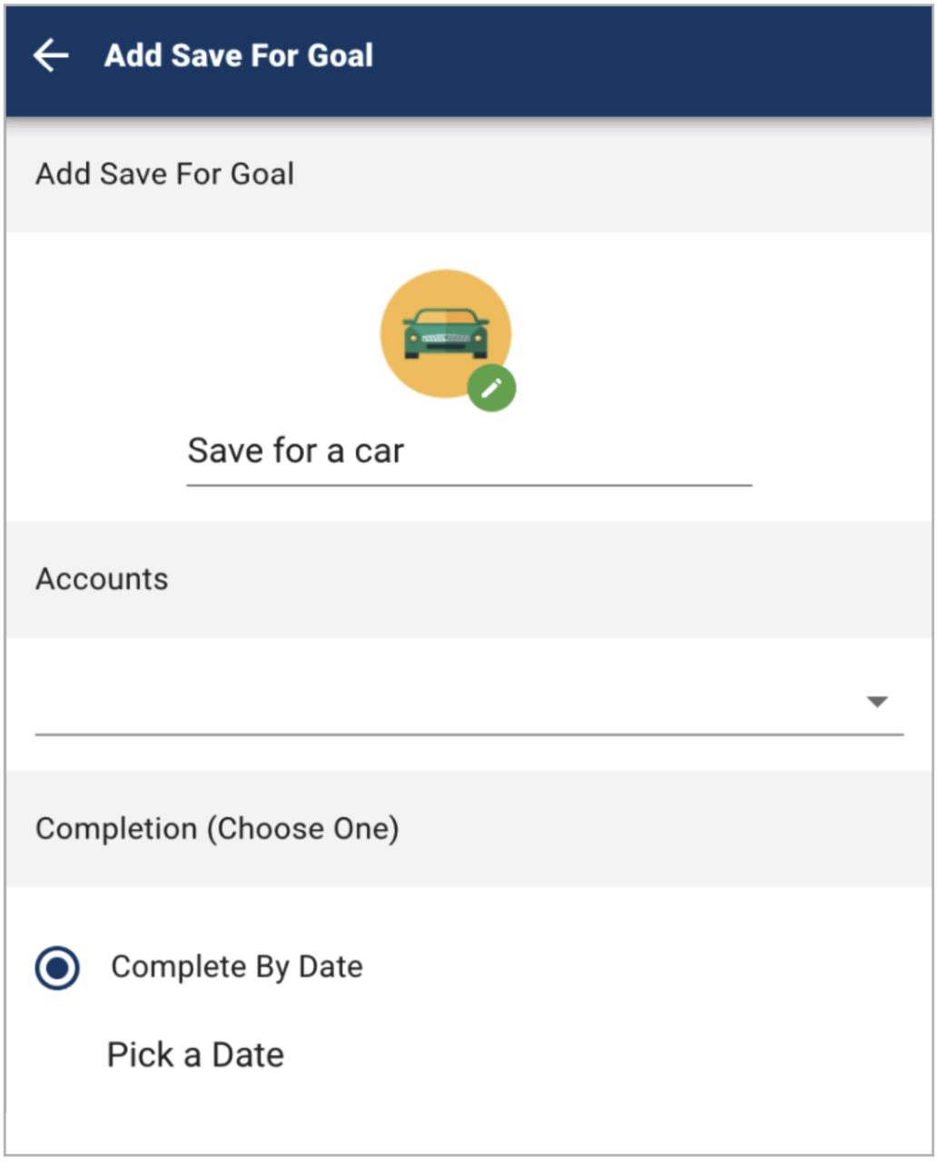Add savings goal for a car, choose accounts, and set completion date in My Budget Manager tool.