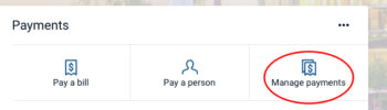 Payments options include "Pay a bill," "Pay a person," and "Manage payments" for managing payees online.