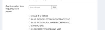 Online bill pay screen for adding or managing payees, with options to pay a company or person.