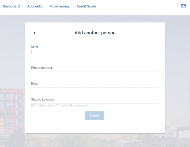 Add payee form with fields for name, phone, email, and shared keyword. Submit button for online bill pay management.