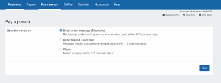 Pay a person page showing options to send money via email, text, direct deposit, or check for online bill pay.