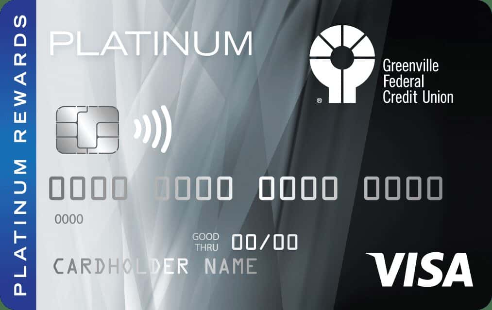 Greenville Federal Credit Union Visa Platinum card with chip, contactless symbol, and "Platinum Rewards" text.