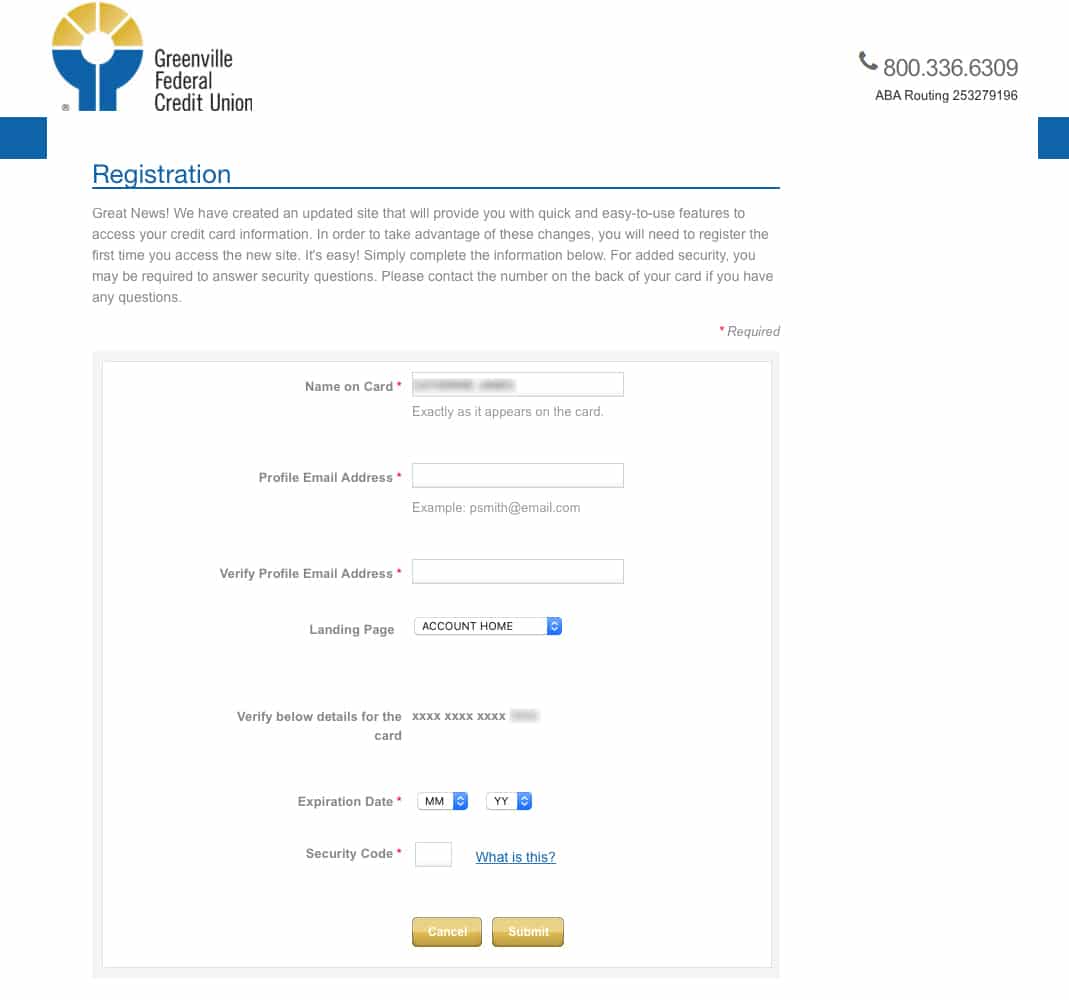 Greenville Federal Credit Union registration form with fields for card name, email, expiration date, and security code.