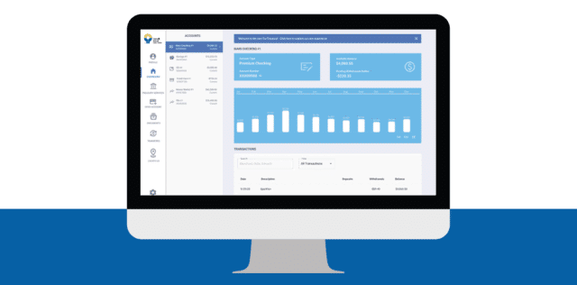 Computer screen displaying a business online banking dashboard with charts, account details, and real-time updates.