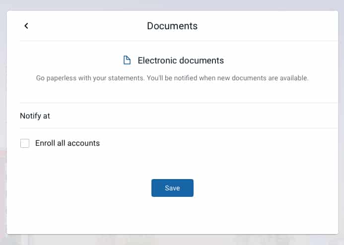 Electronic documents page showing option to enroll all accounts for eco-friendly paperless statements and notifications.