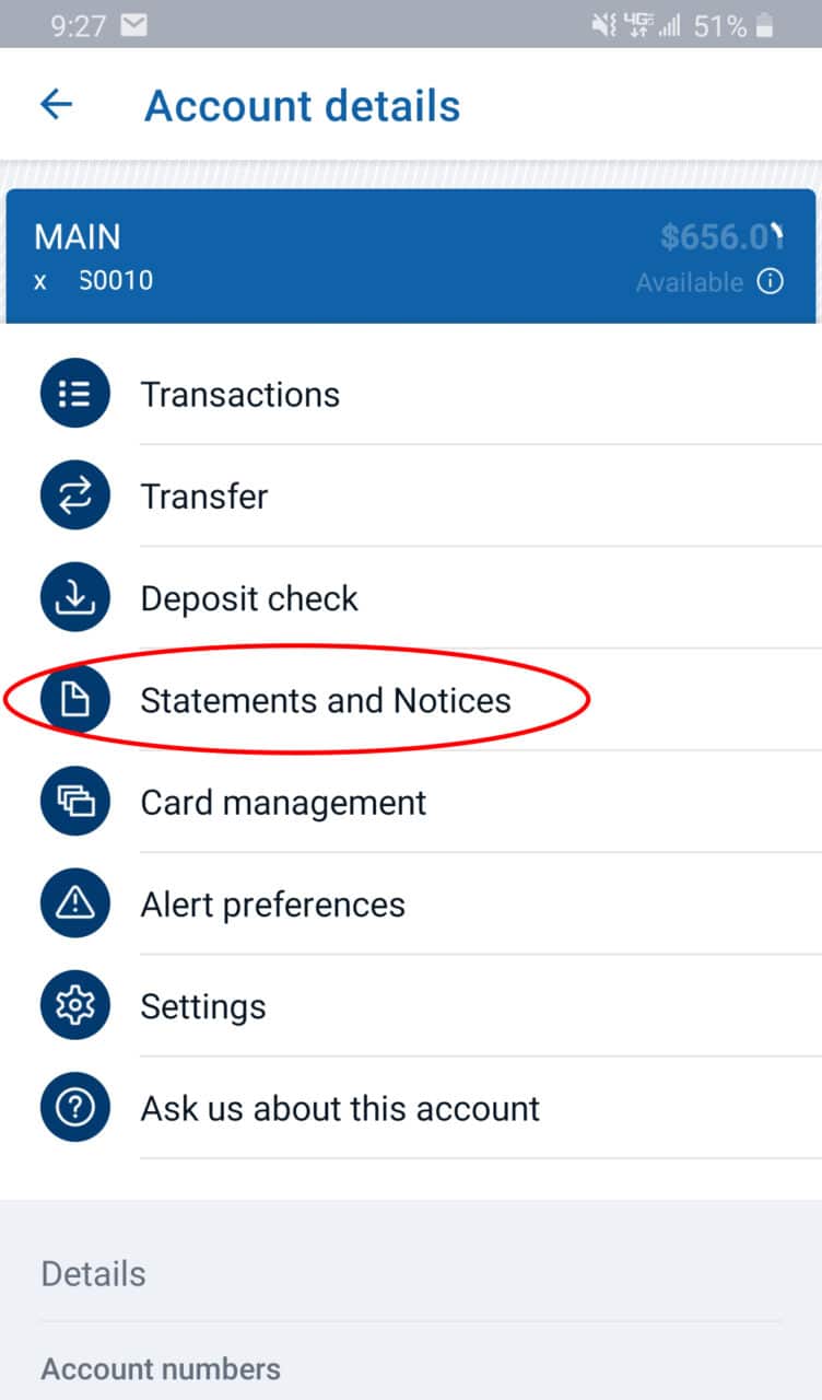 Account app menu highlighting "Statements and Notices" for enrolling in eco-friendly account delivery.