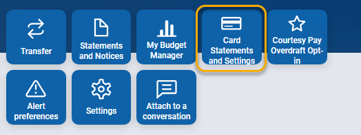 Card management dashboard with options: Transfer, Statements and Notices, My Budget Manager, Card Statements and Settings.