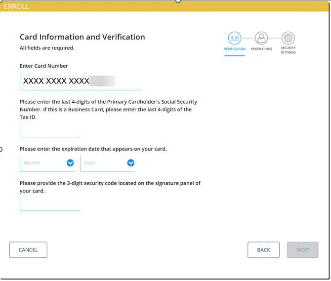 Card verification form prompting for card number, expiry date, and security code to manage your credit and debit cards effortlessly.