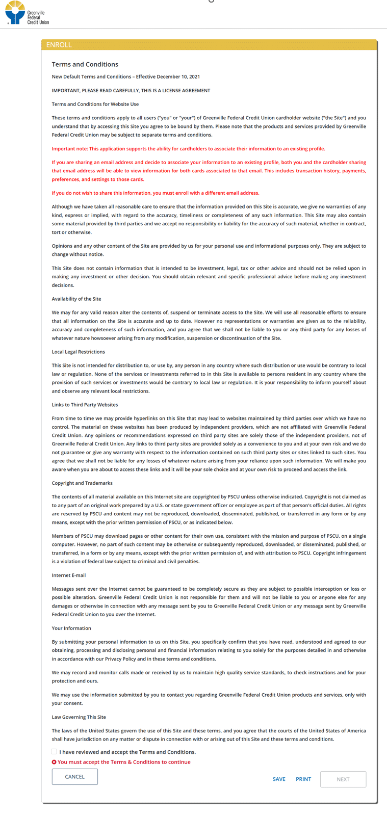 Terms and Conditions page of Greenville Federal Credit Union with enrollment checkbox and warning to accept terms.