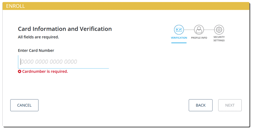 Card Manager enrollment screen requiring a credit card number entry in the verification step.
