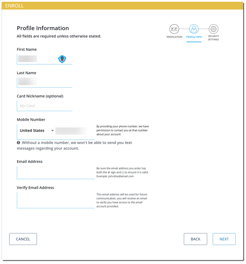 Profile information form requesting name, card nickname, mobile number, and email for Card Manager enrollment.