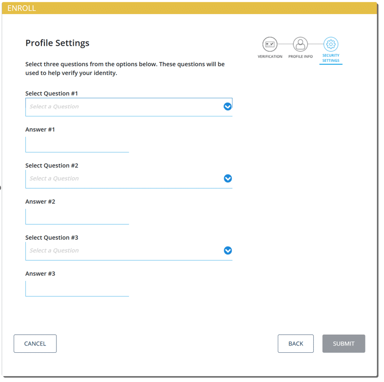 Profile settings enrollment page for managing your debit cards effortlessly. Select and answer three security questions.