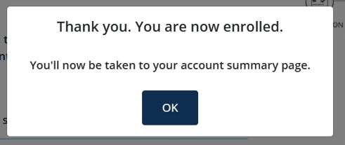 Thank you message confirming card enrollment; directing user to account summary page with OK button.