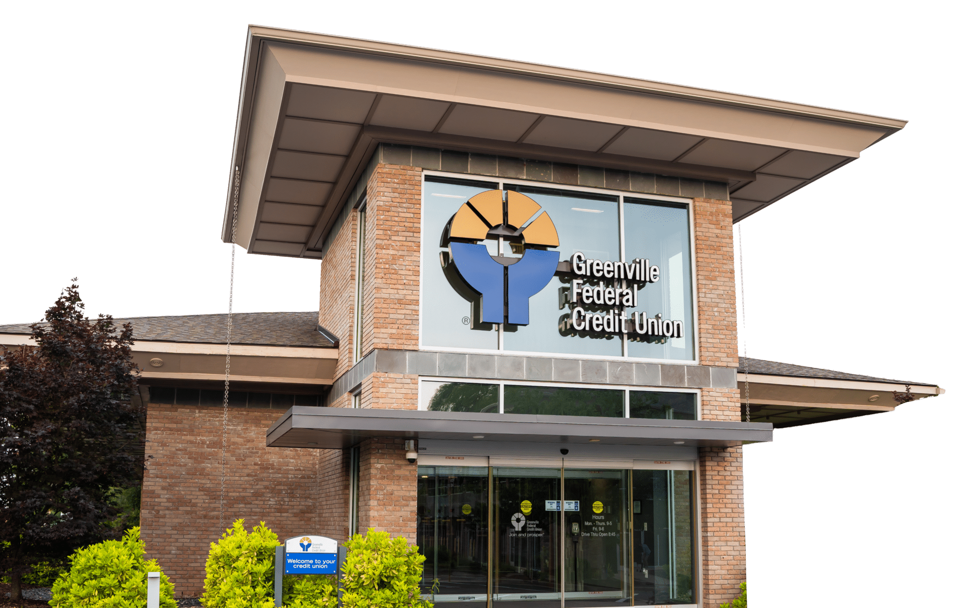 Greenville Federal Credit Union building with logo, highlighting better rates, community support, and voting rights.