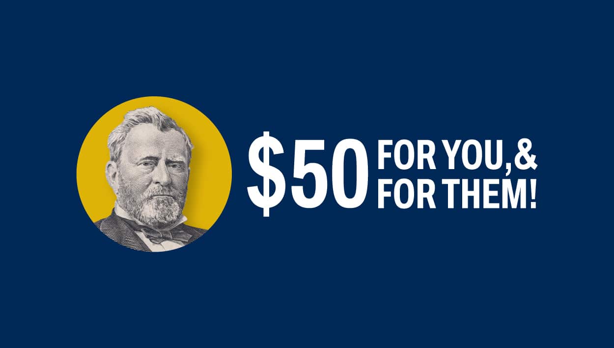 $50 reward offer featuring a historical portrait on a dark blue background, promoting Greenville Federal Credit Union referral program.
