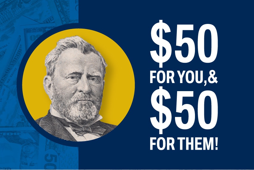 $50 reward offer featuring a historical portrait on a dark blue background, promoting Greenville Federal Credit Union referral program.